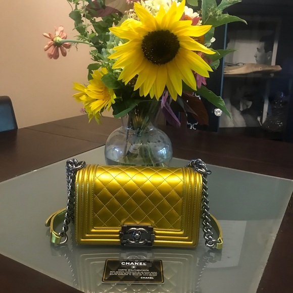 Chanel 14S Yellow Metallic Patent Leather Boy - Picture 1 of 11